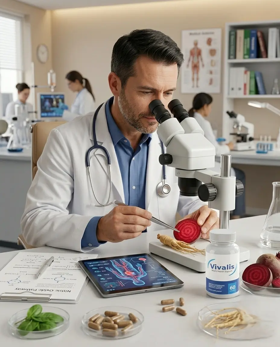 doctor reviewing herbal supplement ingredients for energy and circulation support